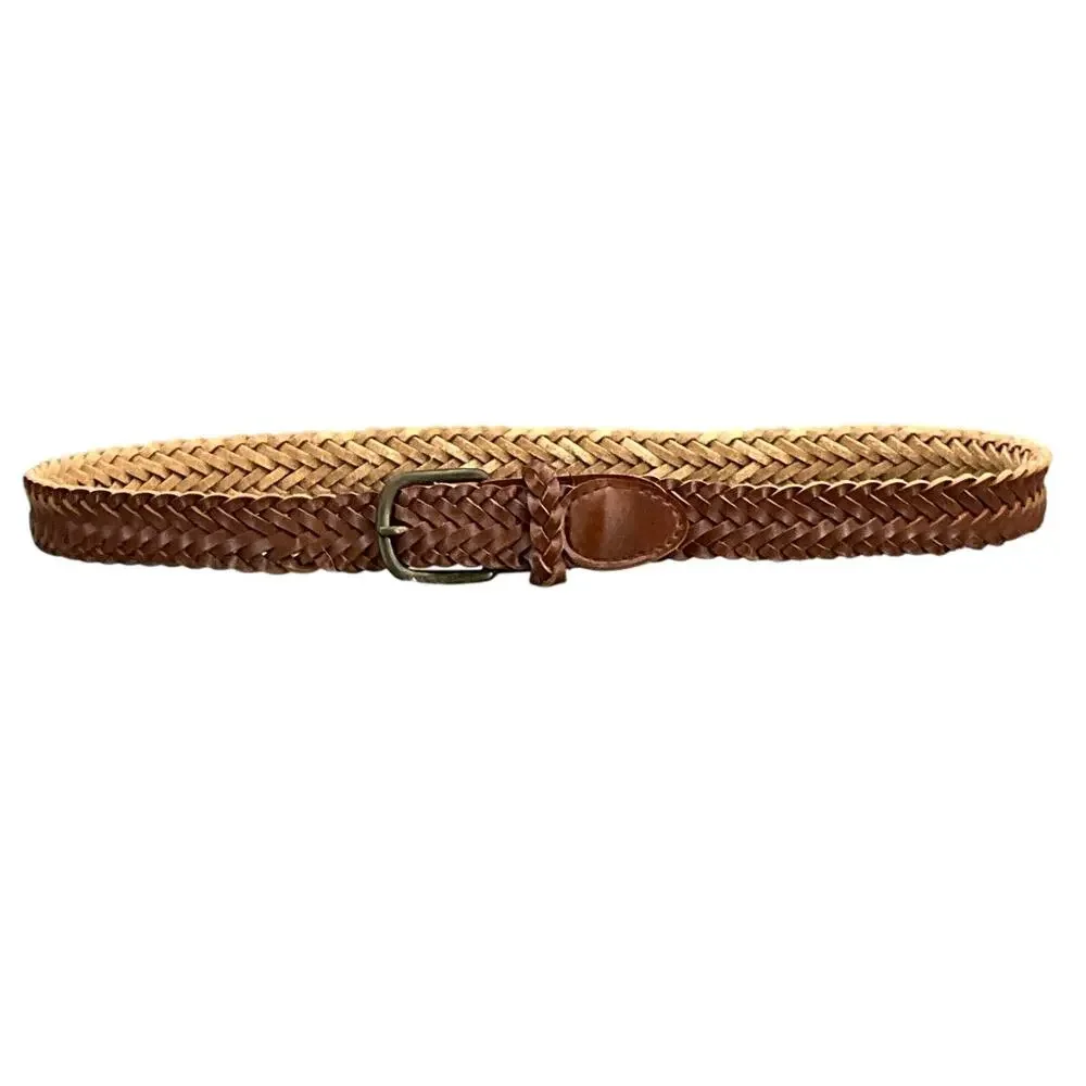 Western Brown Leather Braided Woven Brass Buckle Belt Women  L / 34”